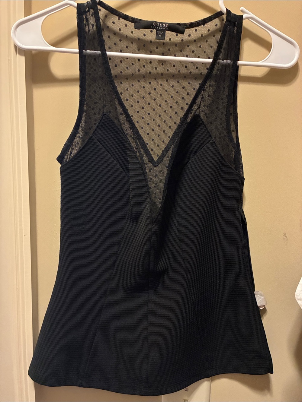 GUESS Black Sheer Polka-Dot V-Neck Tank
